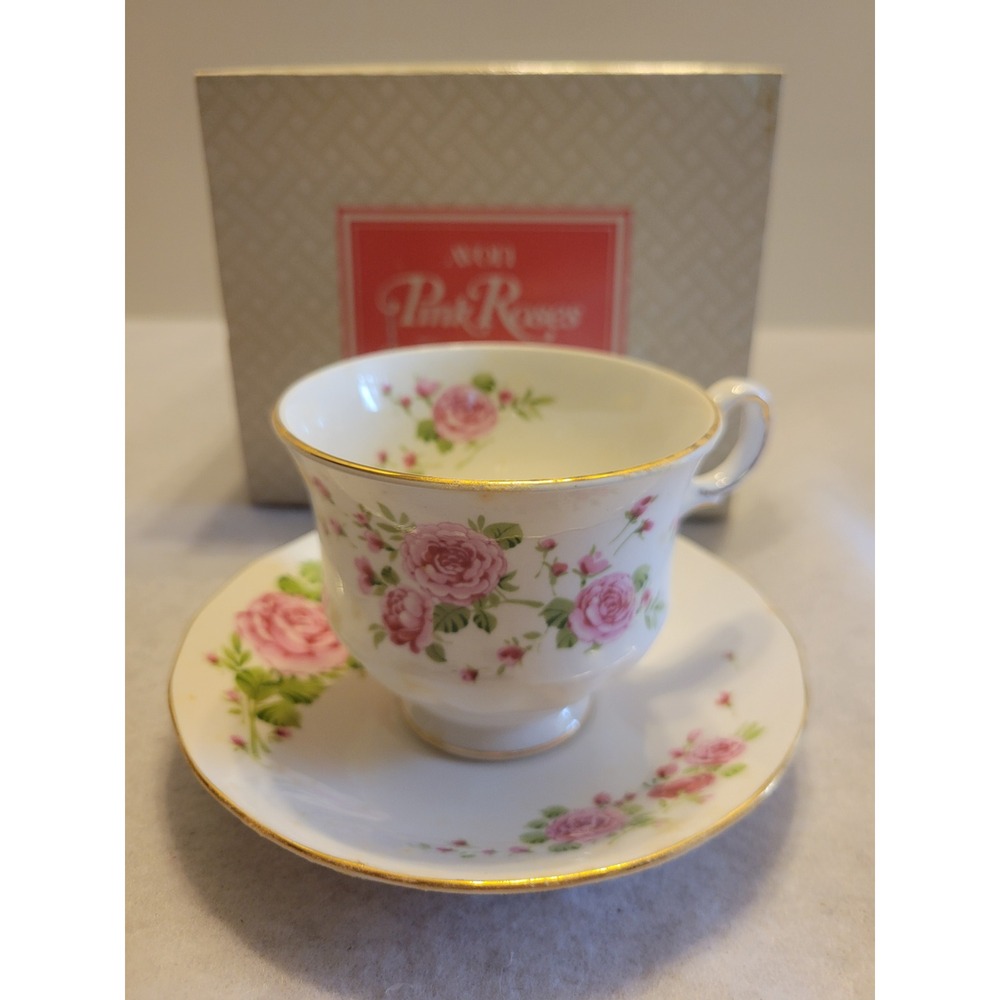 Avon Cup and Saucer Pink Roses Vintage 1974 Fine Bone China England Floral White